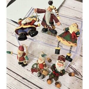 Set of 6 Rustic Santa Some Dangle-Leg Woodland Christmas Ornaments Vintage